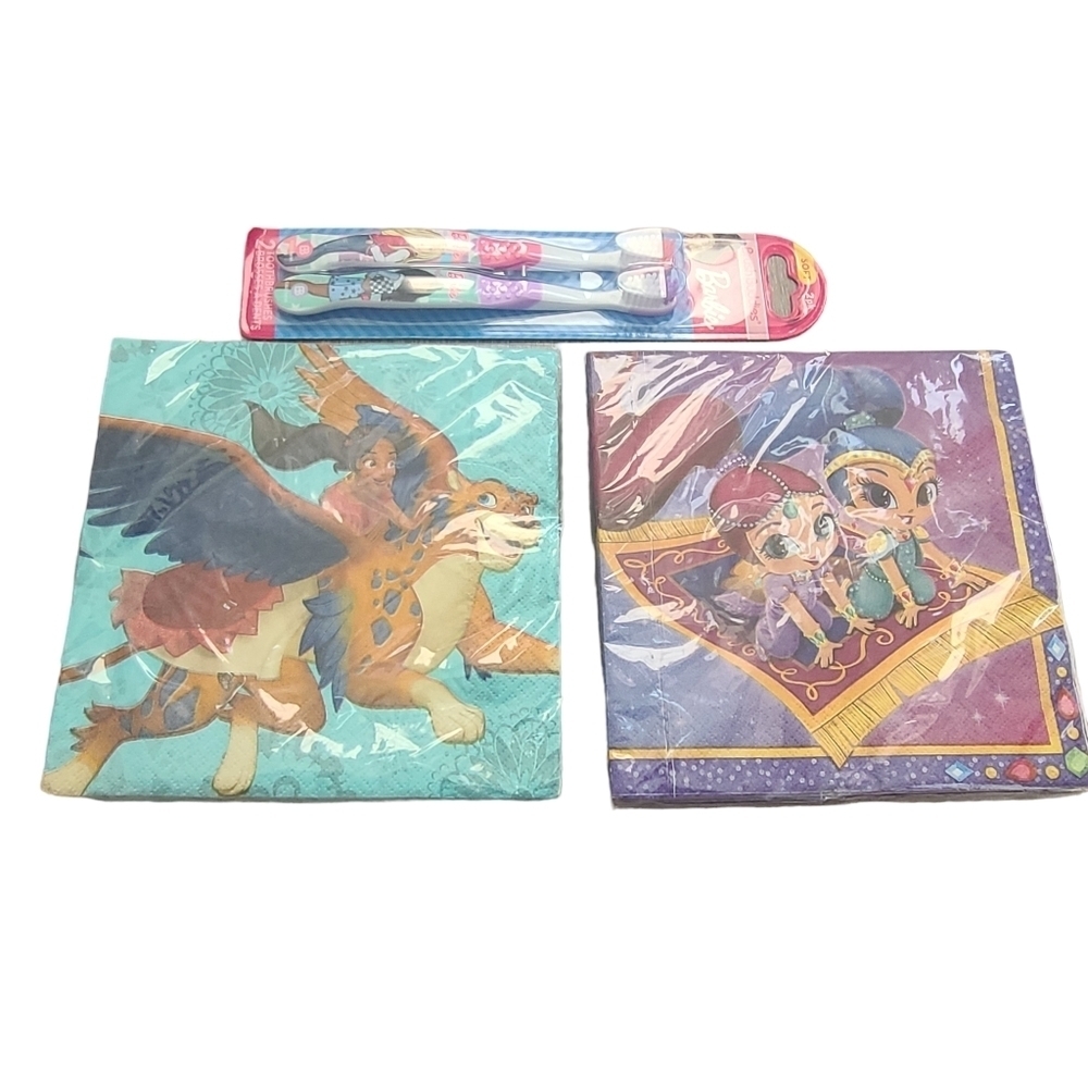 Barbie Toothbrush and Two Pack of Napkins  Elena of Avalor and Shimmer and Shine